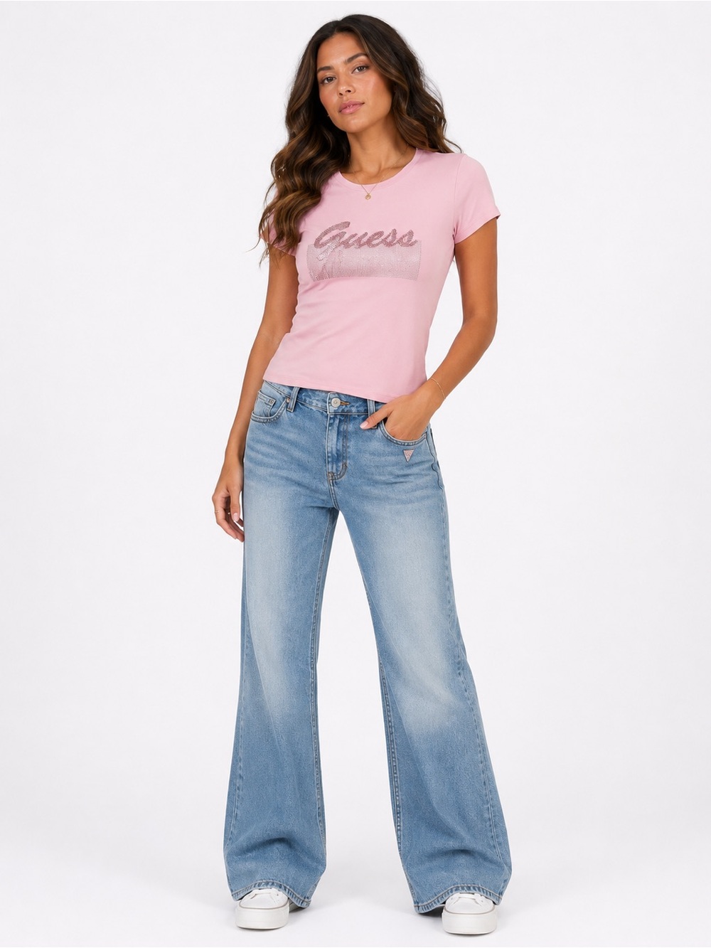 GUESS Pink Rhinestone Logo Graphic T Shirt Bling Y2K Fitted Tee Size Small NWT